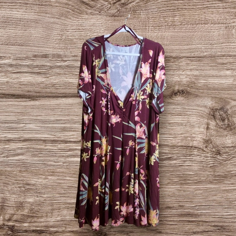 NWT torrid 5 purple, super soft, tropical, Sweetheart neck skater dress 5x - Picture 2 of 9